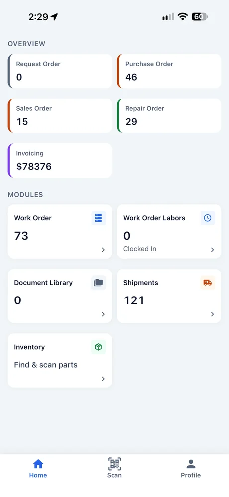 Smart 145 mobile app home screen with order counts and modules for work orders, labor, documents, shipments, and inventory